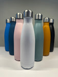 A collection of stainless steel water bottles in various colors, all with metal caps and standing upright.