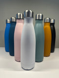 A collection of stainless steel water bottles in various colors, all with metal caps and standing upright.