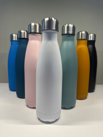 A collection of stainless steel water bottles in various colors, all with metal caps and standing upright.