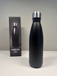 A collection of stainless steel water bottles in various colors, all with metal caps and standing upright.