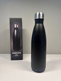 A collection of stainless steel water bottles in various colors, all with metal caps and standing upright.