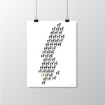 A map over Sweden, made in graphical dala horses, printed on an oldschool printer in relief, on cotton paper, gold filled