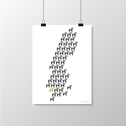 A map over Sweden, made in graphical dala horses, printed on an oldschool printer in relief, on cotton paper, gold filled