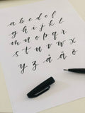 alfabetet i små bokstäver handskrivet med penselpenna